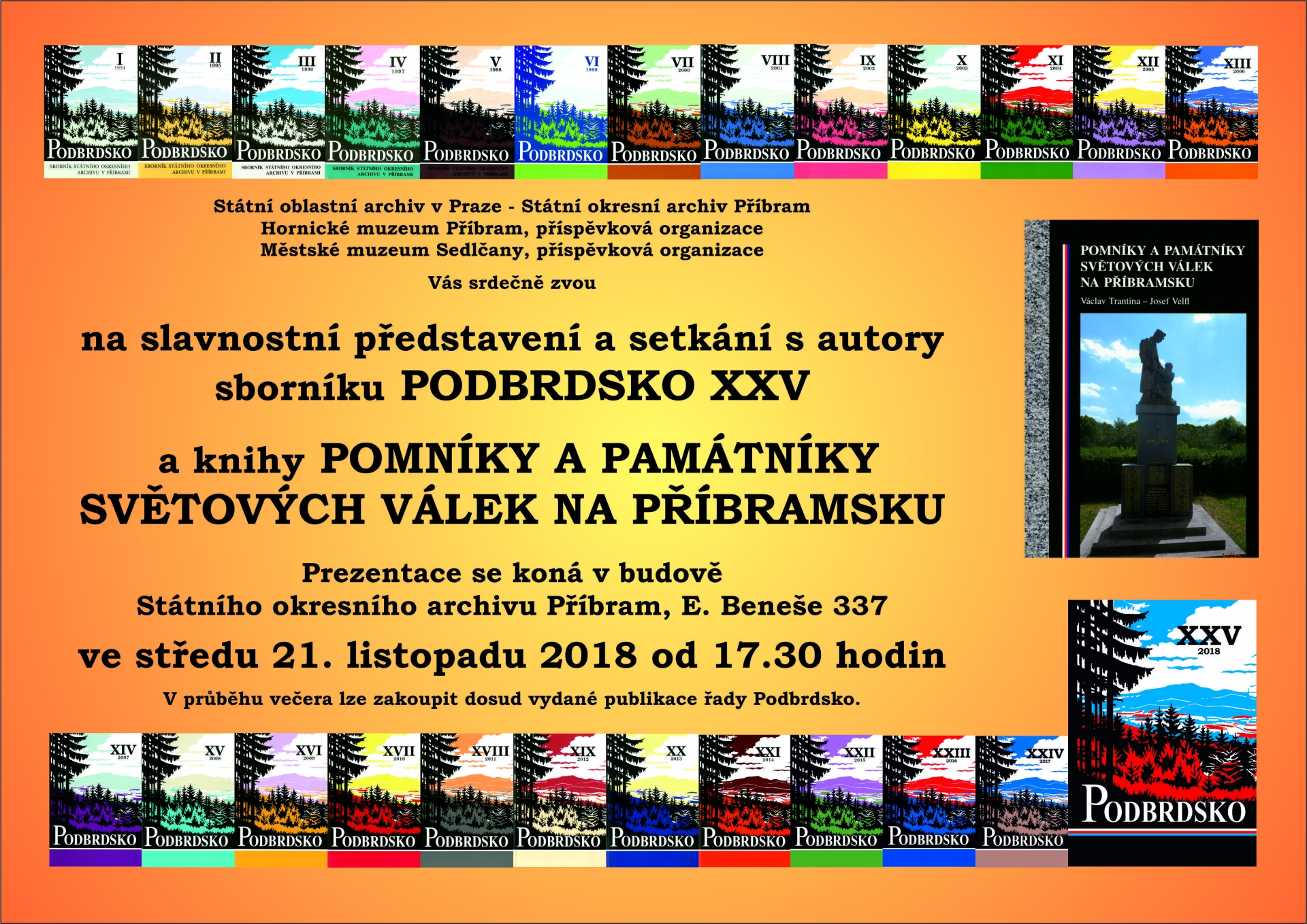 Slavnostní představení sborníku Podbrdsko XXV/2018 a knihy Pomníky a památníky sv. válek na Příbramsku